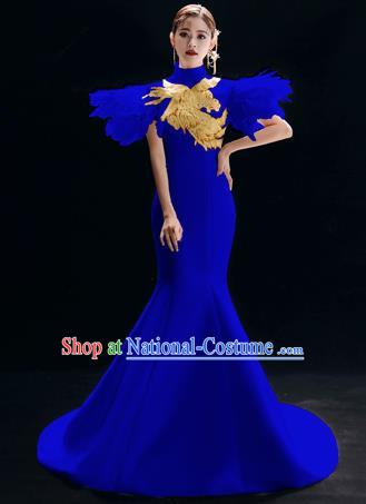 Chinese National Catwalks Embroidered Royalblue Cheongsam Traditional Costume Tang Suit Qipao Dress for Women