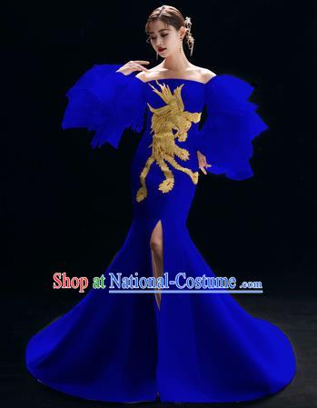 Top Grade Catwalks Embroidered Royalblue Full Dress Modern Dance Party Compere Costume for Women