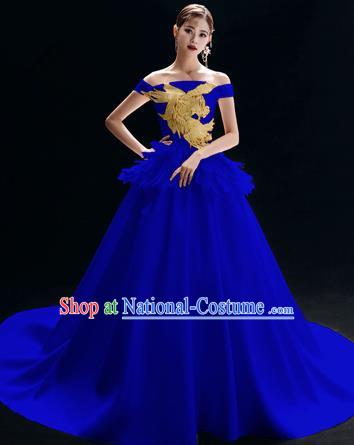 Top Grade Catwalks Royalblue Trailing Full Dress Modern Dance Party Compere Embroidered Costume for Women