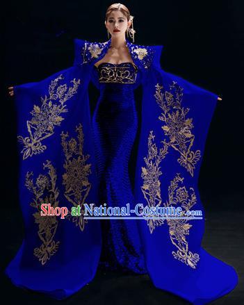 Chinese National Catwalks Embroidered Cheongsam Traditional Costume Tang Suit Royalblue Qipao Dress for Women