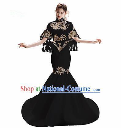 Chinese National Catwalks Embroidered Black Trailing Cheongsam Traditional Costume Tang Suit Qipao Dress for Women