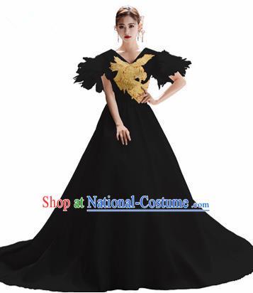 Top Grade Catwalks Black Trailing Full Dress Modern Dance Party Compere Embroidered Costume for Women