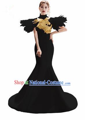 Chinese National Catwalks Embroidered Phoenix Black Trailing Cheongsam Traditional Costume Tang Suit Qipao Dress for Women