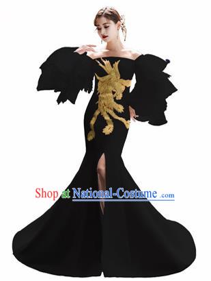 Top Grade Catwalks Black Trailing Full Dress Modern Dance Party Compere Embroidered Phoenix Costume for Women