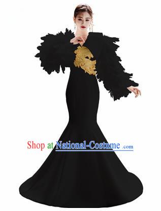 Top Grade Catwalks Black Feather Trailing Full Dress Modern Dance Party Compere Embroidered Costume for Women