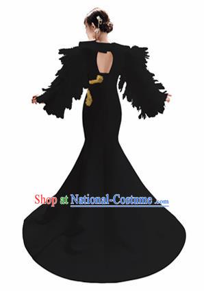 Top Grade Catwalks Black Feather Trailing Full Dress Modern Dance Party Compere Embroidered Costume for Women