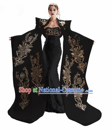 Chinese National Catwalks Embroidered Black Cheongsam Traditional Costume Tang Suit Trailing Qipao Dress for Women