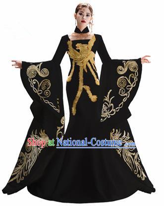 Chinese National Catwalks Embroidered Phoenix Black Cheongsam Traditional Costume Tang Suit Trailing Qipao Dress for Women