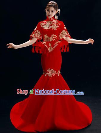 Chinese National Catwalks Embroidered Peony Red Cheongsam Traditional Costume Tang Suit Trailing Qipao Dress for Women