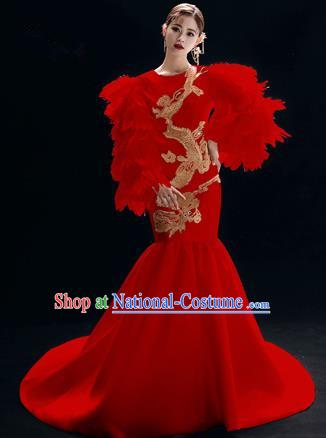 Chinese National Catwalks Embroidered Dragon Red Cheongsam Traditional Costume Tang Suit Trailing Qipao Dress for Women