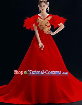 Top Grade Catwalks Red Trailing Full Dress Modern Dance Party Compere Embroidered Costume for Women