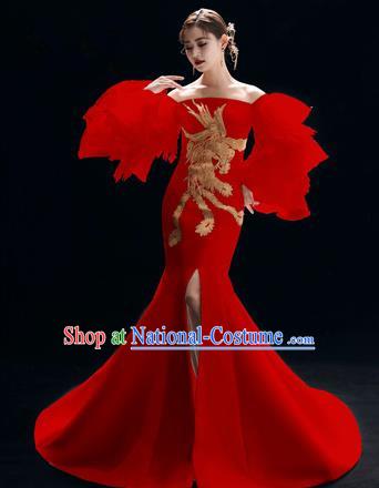 Top Grade Catwalks Red Trailing Full Dress Modern Dance Party Compere Embroidered Phoenix Costume for Women