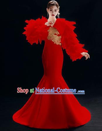 Top Grade Catwalks Red Feather Trailing Full Dress Modern Dance Party Compere Costume for Women