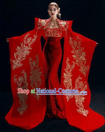 Chinese National Catwalks Red Trailing Cheongsam Traditional Costume Tang Suit Embroidered Qipao Dress for Women