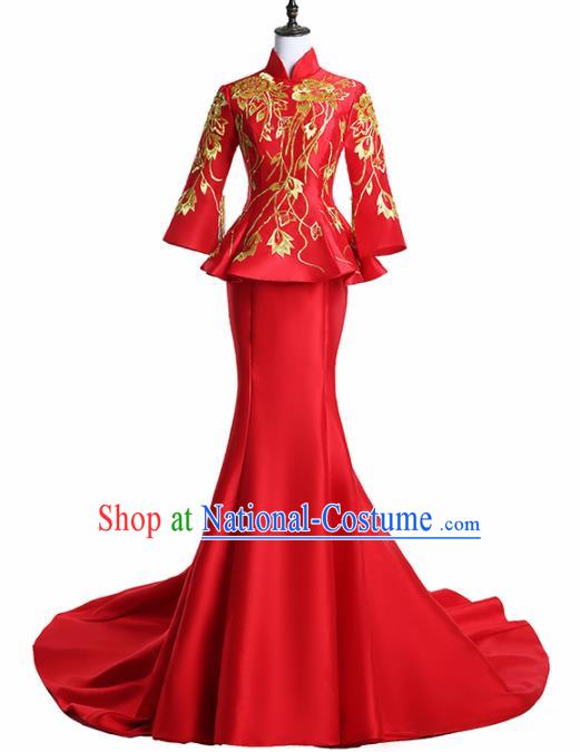 Chinese National Catwalks Costume Embroidered Red Trailing Cheongsam Traditional Tang Suit Qipao Dress for Women