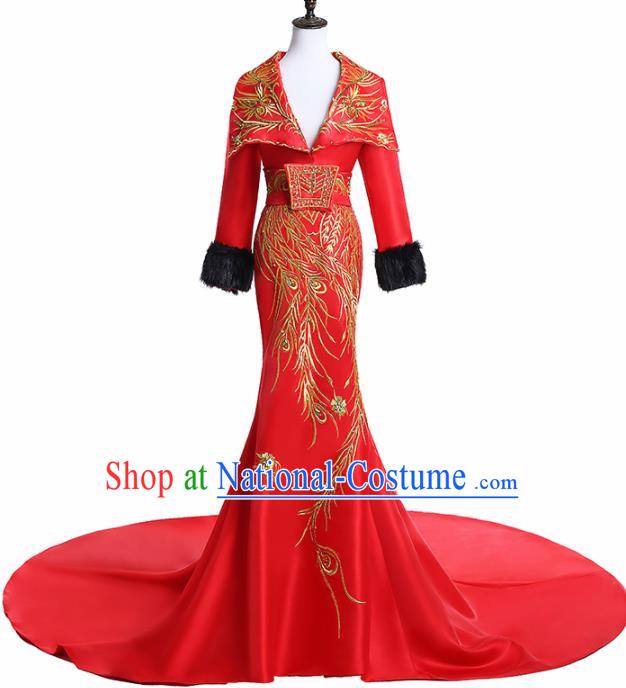 Chinese National Catwalks Costume Embroidered Phoenix Red Trailing Cheongsam Traditional Tang Suit Qipao Dress for Women