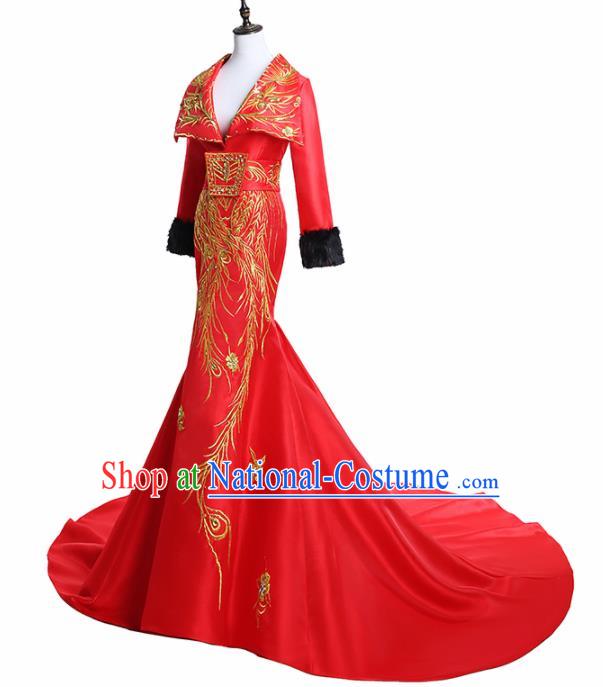 Chinese National Catwalks Costume Embroidered Phoenix Red Trailing Cheongsam Traditional Tang Suit Qipao Dress for Women