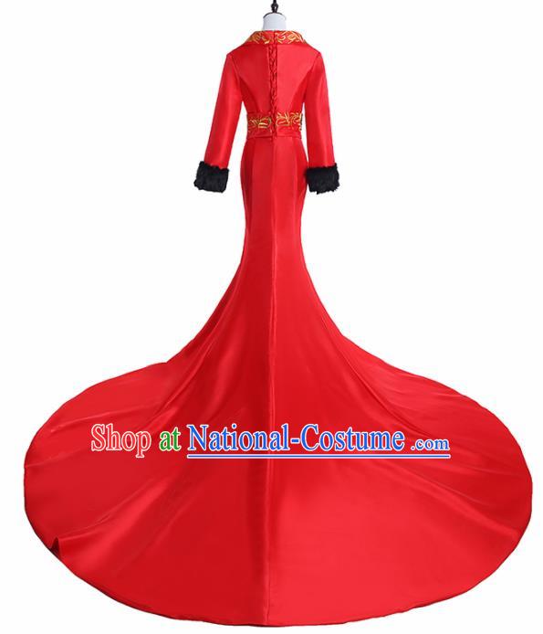 Chinese National Catwalks Costume Embroidered Phoenix Red Trailing Cheongsam Traditional Tang Suit Qipao Dress for Women