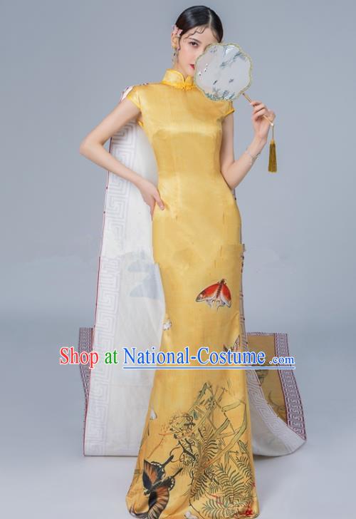 Chinese National Catwalks Printing Golden Cheongsam Traditional Costume Tang Suit Qipao Dress for Women