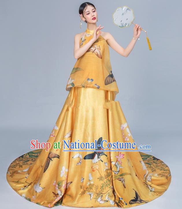 Chinese National Catwalks Printing Butterfly Golden Trailing Cheongsam Traditional Costume Tang Suit Qipao Dress for Women