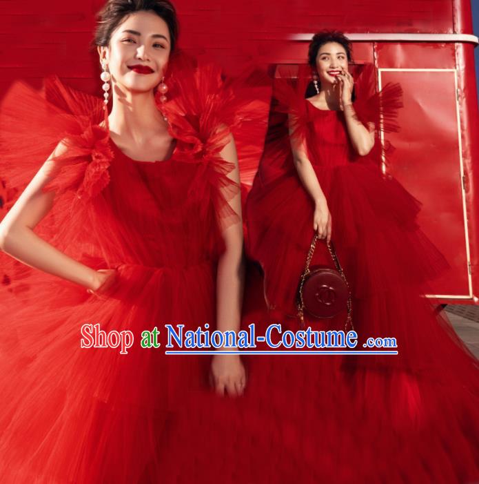 Top Grade Catwalks Compere Red Veil Full Dress Modern Dance Party Costume for Women