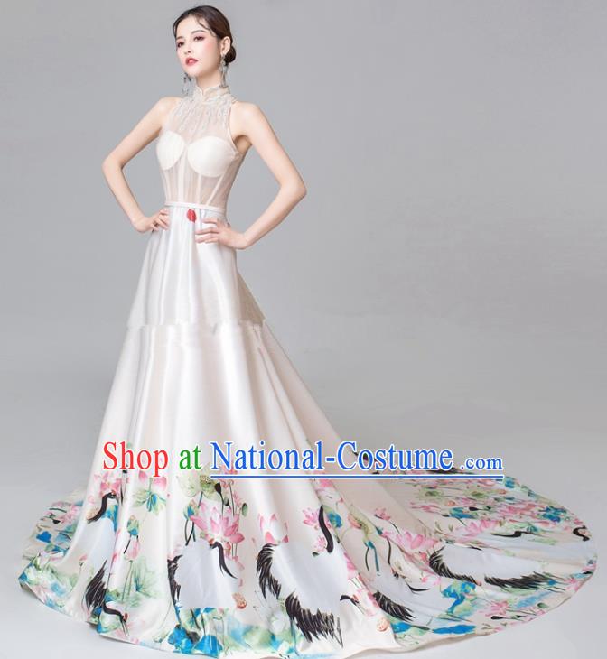 Chinese National Catwalks Printing Lotus White Trailing Cheongsam Traditional Costume Tang Suit Qipao Dress for Women