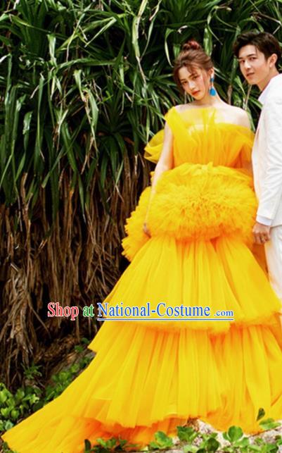 Top Grade Catwalks Compere Yellow Veil Trailing Full Dress Modern Dance Party Costume for Women