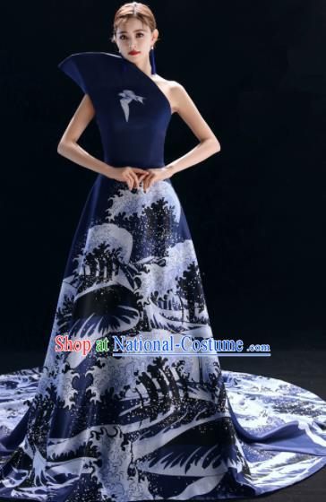 Top Grade Catwalks Compere Printing Trailing Navy Full Dress Modern Dance Party Costume for Women