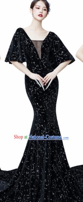 Top Grade Catwalks Compere Black Velvet Full Dress Modern Dance Party Costume for Women