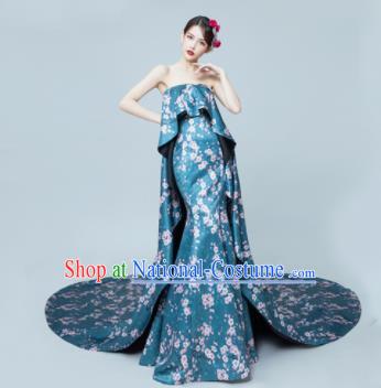 Top Grade Catwalks Compere Blue Trailing Full Dress Modern Dance Party Costume for Women