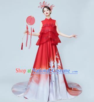 Chinese National Catwalks Printing Red Trailing Cheongsam Traditional Costume Tang Suit Silk Qipao Dress for Women