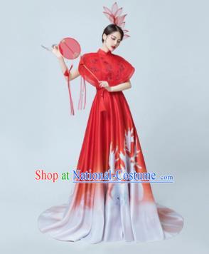 Chinese National Catwalks Printing Red Mullet Cheongsam Traditional Costume Tang Suit Silk Qipao Dress for Women