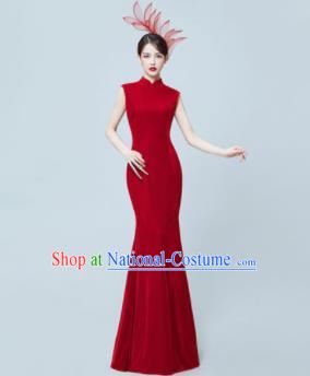 Chinese National Catwalks Wine Red Cheongsam Traditional Costume Tang Suit Silk Qipao Dress for Women