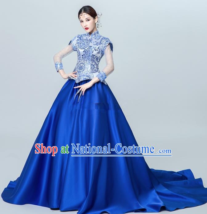 Chinese National Catwalks Blue Trailing Cheongsam Traditional Costume Tang Suit Silk Qipao Dress for Women