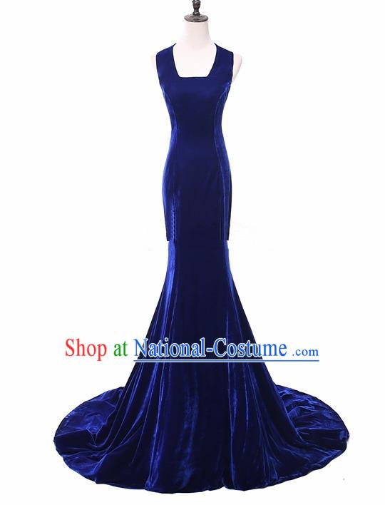 Top Grade Catwalks Compere Royalblue Velvet Full Dress Modern Dance Party Costume for Women