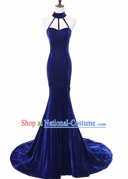 Top Grade Catwalks Chorus Royalblue Velvet Full Dress Compere Modern Dance Party Costume for Women