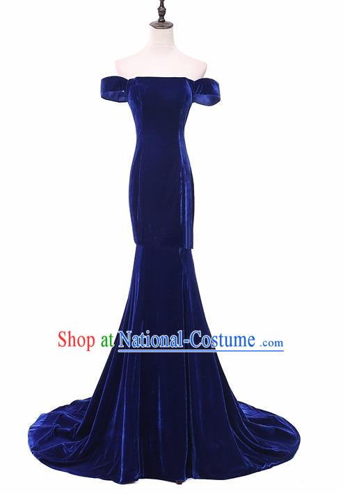 Top Grade Catwalks Chorus Royalblue Velvet Trailing Full Dress Compere Modern Dance Party Costume for Women