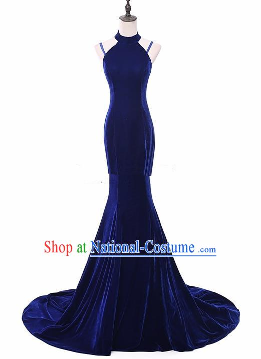 Top Grade Catwalks Chorus Compere Royalblue Velvet Trailing Full Dress Modern Dance Party Costume for Women