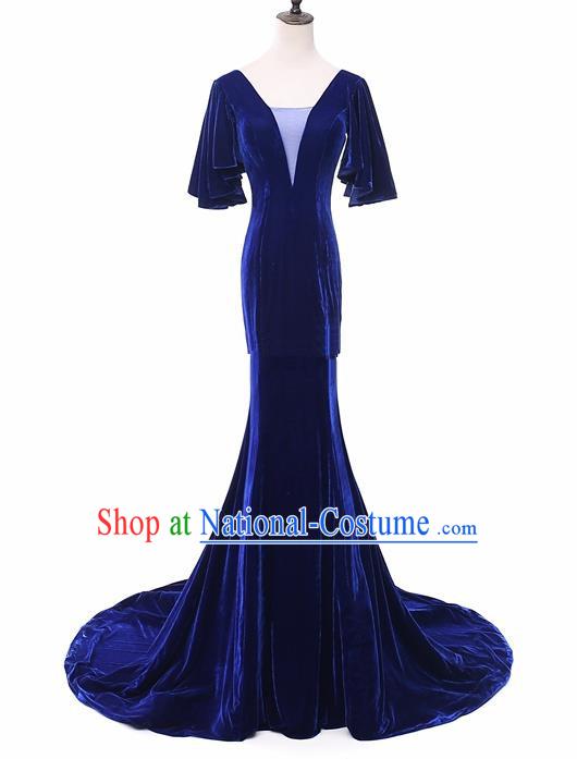 Top Grade Catwalks Chorus Compere Royalblue Velvet Full Dress Modern Dance Party Costume for Women