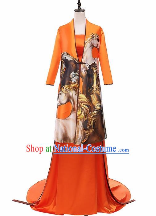 Chinese National Catwalks Printing Horse Silk Cheongsam Traditional Costume Tang Suit Qipao Dress for Women