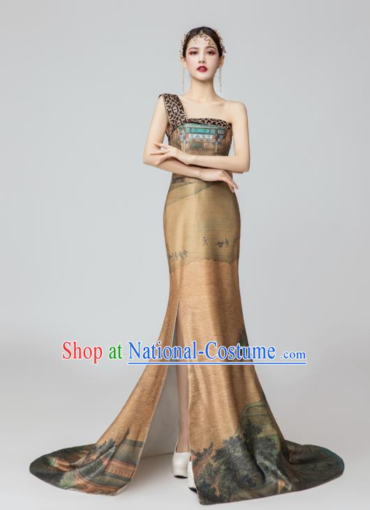 Chinese National Catwalks Printing Brown Silk Trailing Cheongsam Traditional Costume Tang Suit Qipao Dress for Women