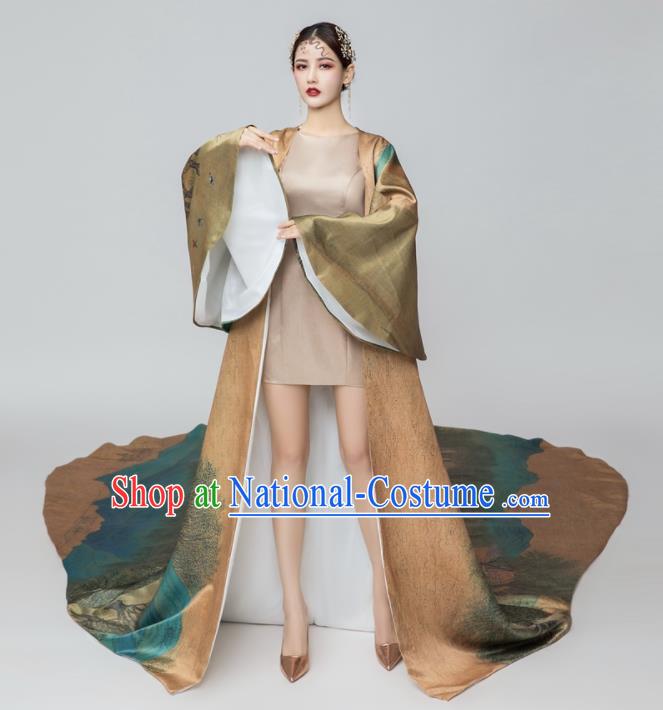 Chinese National Catwalks Printing Trailing Brown Silk Cheongsam Traditional Costume Tang Suit Qipao Dress for Women