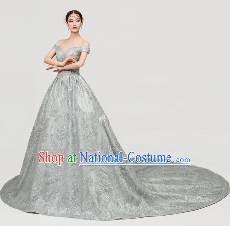 Top Grade Catwalks Compere Grey Veil Trailing Full Dress Chorus Modern Dance Party Costume for Women