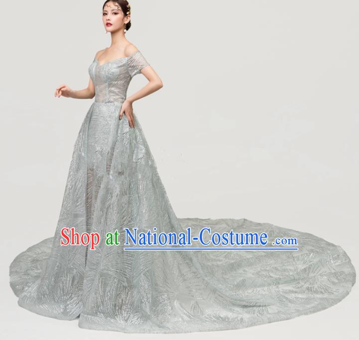 Top Grade Catwalks Compere Trailing Full Dress Chorus Modern Dance Party Grey Veil Costume for Women