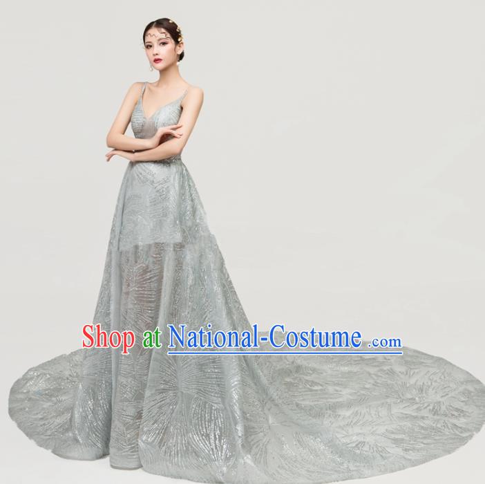 Top Grade Catwalks Trailing Full Dress Chorus Compere Modern Dance Party Grey Veil Costume for Women