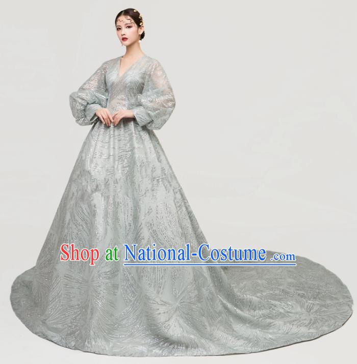 Top Grade Catwalks Grey Veil Full Dress Chorus Compere Modern Dance Party Trailing Costume for Women