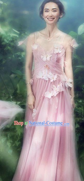 Top Grade Chorus Compere Costume Modern Dance Party Catwalks Bridesmaid Pink Veil Full Dress for Women