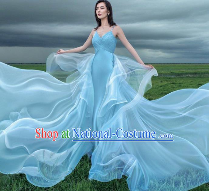 Top Grade Chorus Compere Costume Modern Dance Party Catwalks Bridesmaid Blue Veil Full Dress for Women