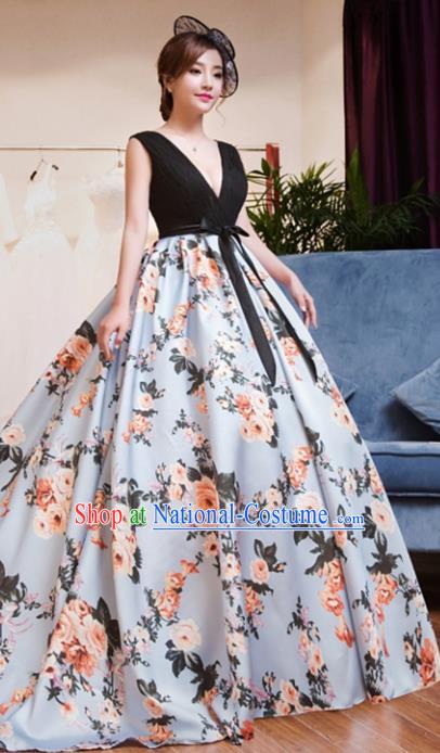 Top Grade Compere Costume Modern Dance Party Catwalks Printing Flowers Full Dress for Women