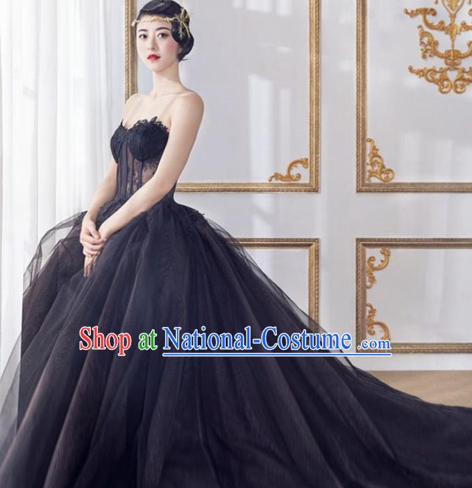 Top Grade Compere Costume Modern Dance Party Catwalks Black Veil Full Dress for Women